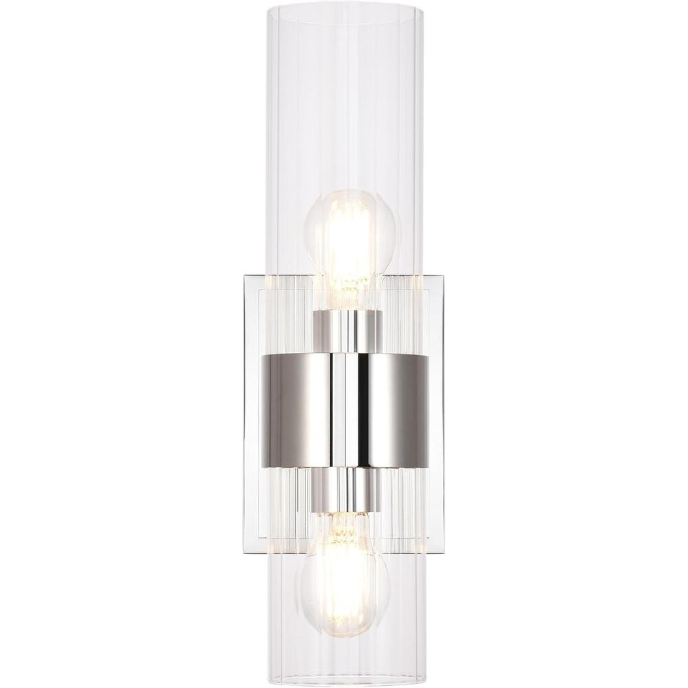 2-Light Polished Nickel Bathroom Vanity Light Clear Ribbed Glass Sconce - Picture 3 of 8